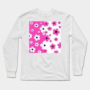 60's Retro Pop Small Flowers in Hot Pink and White, Black Long Sleeve T-Shirt